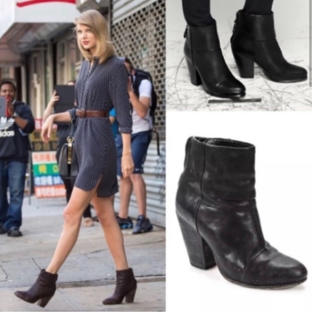 RAG & BONE Classic Newbury Ankle Boots Stacked Chunky Heel Black Leather